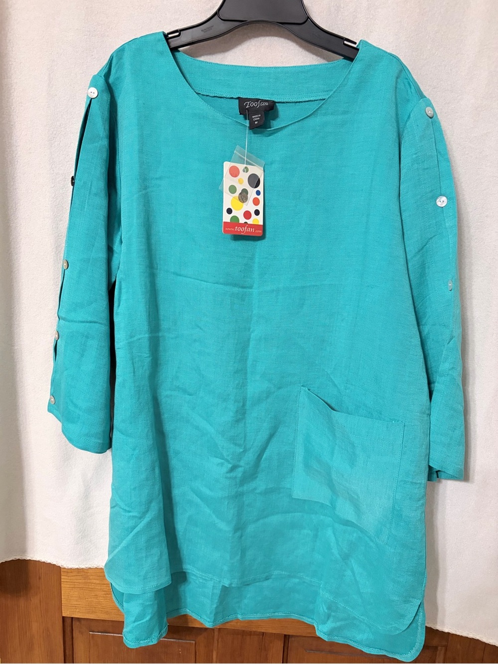 Toofan Linen Turquoise Roll-Tab Sleeve Tunic